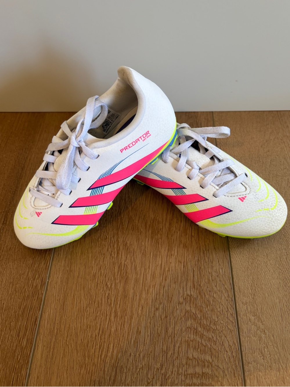 adidas Kids Predator Soccer Shoes - White/Pink/Neon Yellow